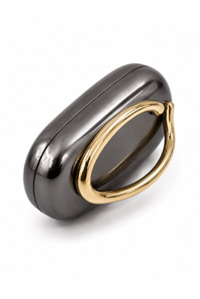 Mirel çanta OVAL FORMLU GOLD AKSESUARLI CLUTCH PARLAK ÇANTA GRİ