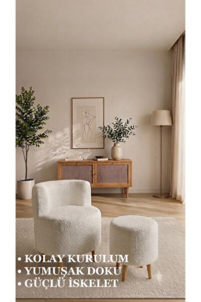 Peluş BERJER Ve PUF Çay Seti - Ahşap Ayaklı - Kolay Kurulum