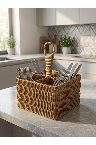 ALBETTO Rattan Plastic Spoon Holder 4 Compartment Cream