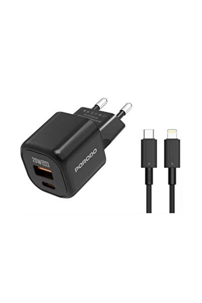 porodo Dual-Port Wall Charger with Type-C to Lightning Included, 20W Power De...