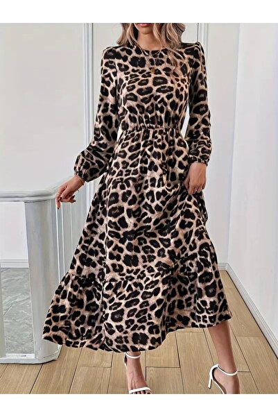 Livizmir Moda فستان ميدي بطبعة الفهد وأكمام طويلة وياقة دائرية