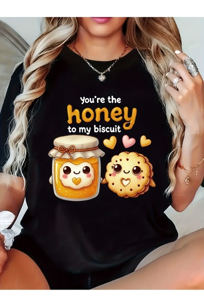 En22 تي شيرت نسائي بتصميم زهور وعسل، قميص كاجوال بياقة مستديرة وأكمام قصيرة م...
