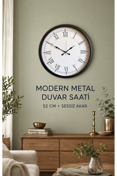 Evi Ev Gereçleri Evi Modern 52 cm Siyah Beyaz Roma Rakamlı Metal Duvar Saati ...