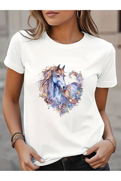 01THEONE Women'S Casual Short Sleeve T-Shirt Vintage Horse Print - Crew Neck,...