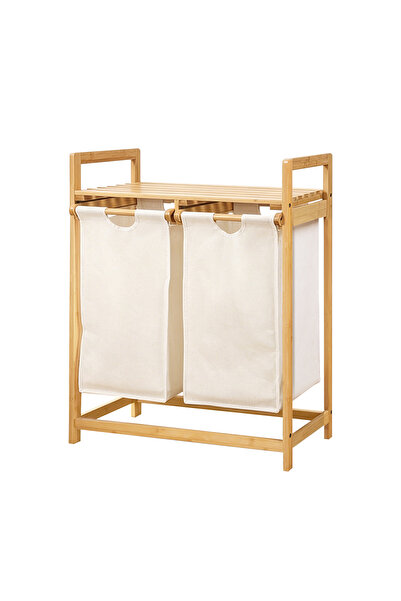 EqiEch Bamboo 2-Compartment Laundry Basket With Top Storage Shelf, Pull-Out F...