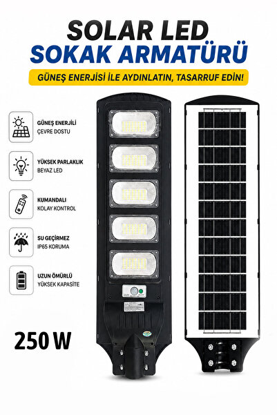 Badem10 SOLAR 250W LED Armatür Güneş Enerjili Kumandalı Sokak Bahçe Dış Mekan...