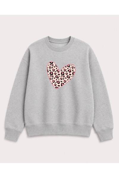 Birdirbir Kız Çocuk Leopar Kalp Baskılı Bisiklet Yaka Sweatshirt