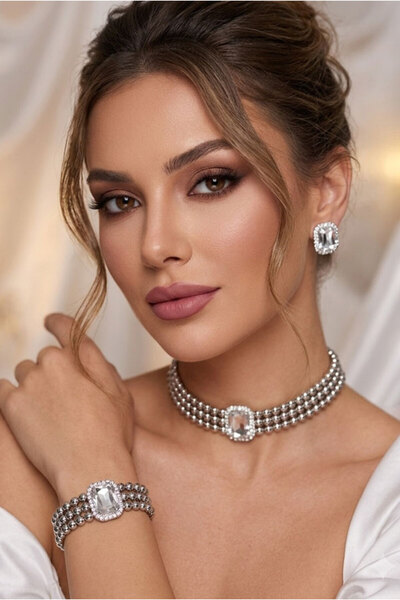 bb bridal boutique Baget Gümüş Taşlı Gri Boncuklu Choker Set Takım, Gri Boncu...