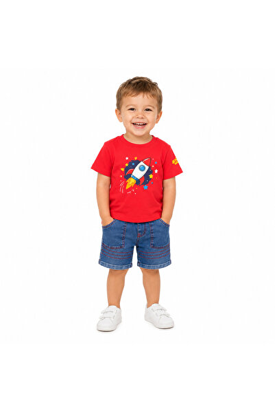 Genericc Boys Summer Outfit Set T-Shirt and Denim Shorts with Rocket Print