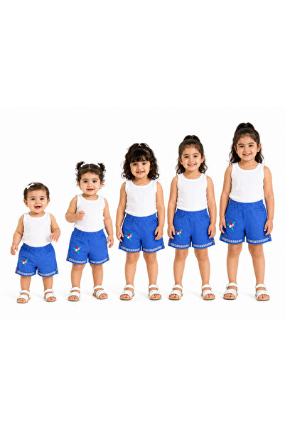 MADE Royal Blue Girls Shorts with Embroidered Flowers and Elasticated Waist