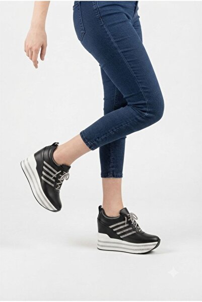 Leyna Women's Black Stone-Colored Wedge-Heeled Sneakers [10] cm