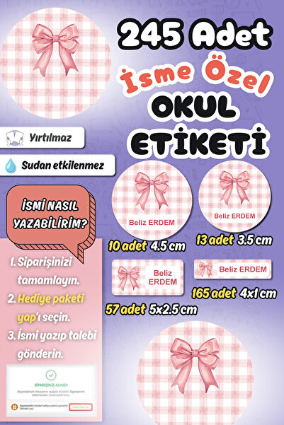 Sticker Ekspres Okul Etiketi Kurdeleli Ekose Kalem Defter Etiketi Özel İsim Y...
