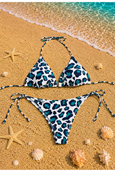 Nobrand Costum de baie damă 2 piese, imprimeu leopard albastru, model triungh...