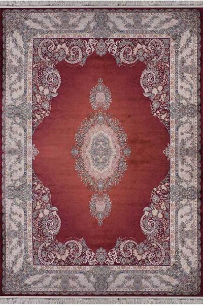 Artemis Halı Silk 05190A Bordo Krem İpek Görünümlü Klasik Salon Halısı Saçakl...