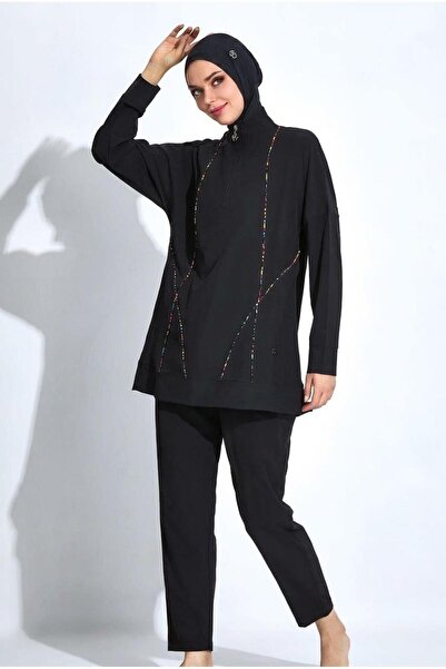 allsea Women's Long Sleeve Half Zipper Black Full Hijab Swimsuit C9T2N56