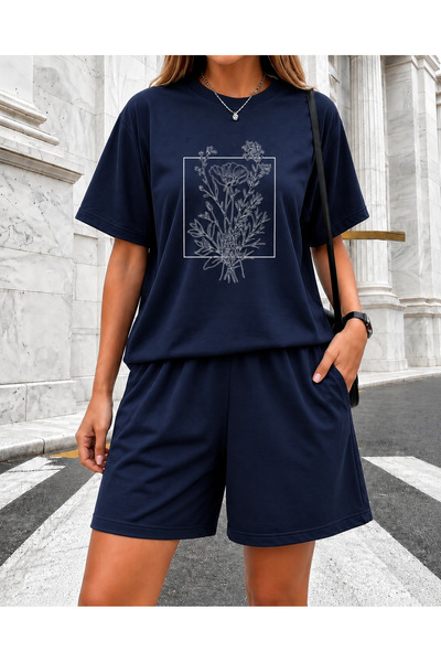 ZAVIXO Women's Oversize Floral Patterned Printed Shorts Set of 2 – Navy Blue