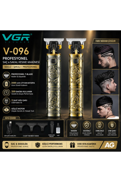 VGR V-096 Profesyonel T-Blade Saç Sakal Kesme Makinesi 2000 mAh Şarjlı Kablos...
