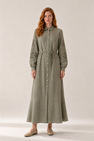 Zühre Shirt Collar Belted Patterned Gray Dress 0560