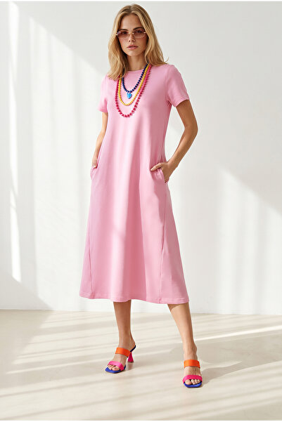 Olalook Women's Pink Crew Neck Pocketed Modal Buttoned Flowy Dress Elb-19002666