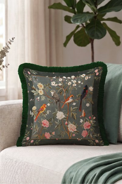 Evimde Bambaşka Birds and Flowers Spring Pattern Fringe Pillowcase - Botanical Bohemian Green Cream Tufted Throw Pillow Cover
