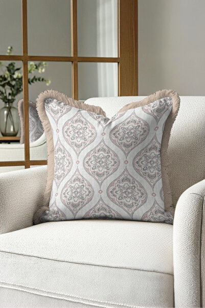 Evimde Bambaşka Elegant Fringed Pillowcase with Damask Motif - Oriental Count...