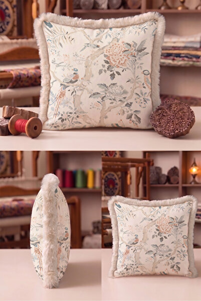 Evimde Bambaşka Floral Bird Pattern Fringed Pillowcase - Botanical Beige Blue...