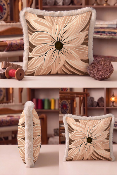 Evimde Bambaşka Floral Fringed Pillowcase with Floral Design - Natural Botani...