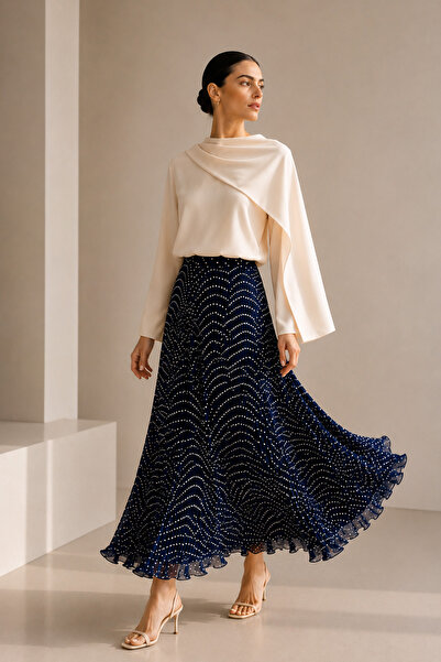 Zühre Polka Dot Pleated Navy Blue Skirt with Elastic Waist 0242