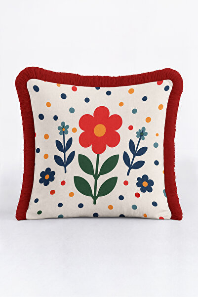 Evimde Bambaşka Retro Floral Colorful Speckled Fringed Pillowcase - Floral Cr...