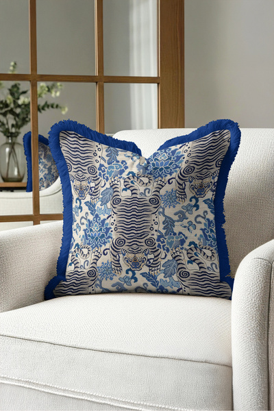 Evimde Bambaşka Exotic Tiger Jacquard Fringed Pillowcase-Authentic Bohemian B...