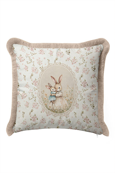 Evimde Bambaşka Cute Rabbit Floral Fringed Pillowcase - Fairytale Powder Cream Mink Tassel Throw Pillow Cover