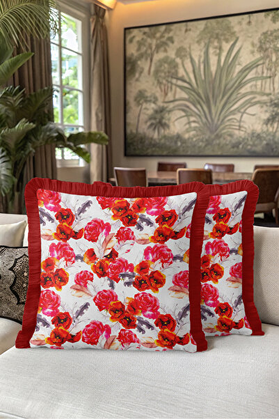 Evimde Bambaşka Floral Chic Romantic Spring Rose Poppy Fringed Pillowcase - B...