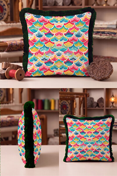 Evimde Bambaşka Ethnic Colorful Watercolor Fringed Pillowcase - Abstract Trop...