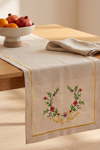 Motif Nakışlı Keten Kumaş 1 Adet Runner, 50x150cm