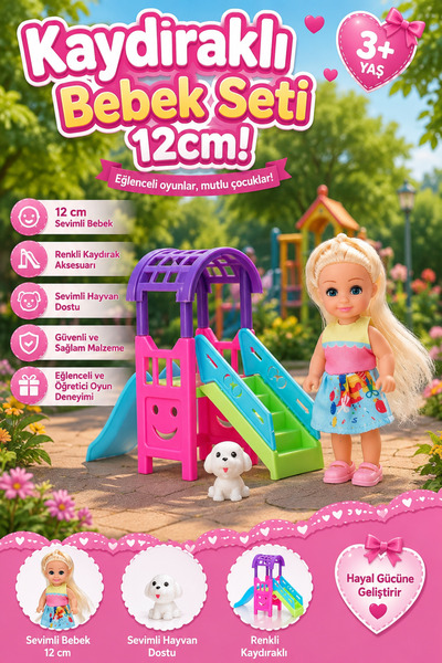 craftivio Kaydıraklı Mini Bebek Seti 12 cm Sevimli Köpek Figürlü Kız Çocuk Ev...