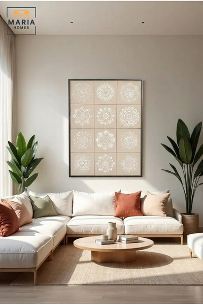 MARIA HOMES Modern Mandala Wall Art with Slim Black Frame, White Floral Patte...