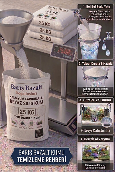 Barış bazalt doğaltaş 25 Kg 1-2 mm Beyaz Akvaryum Kumu Kalsiyum Karbonatlı Si...