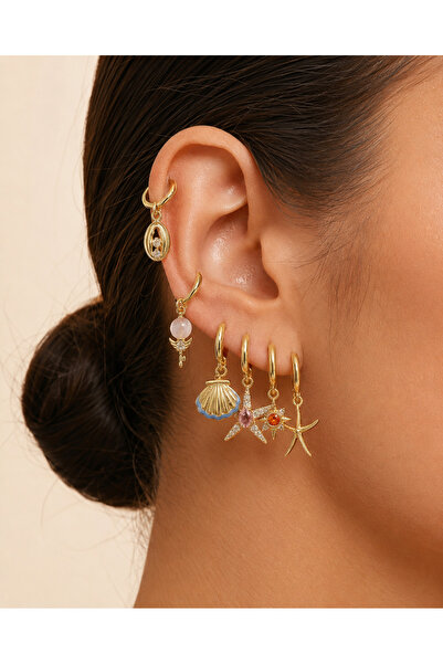 synshop Set of 6 Gold Color Sea Themed Hoop Earrings with Shell, Starfish and...
