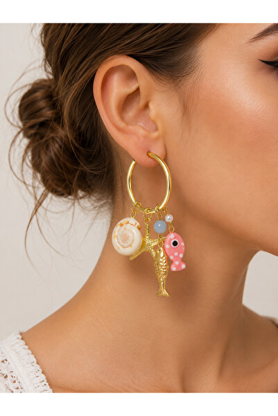 synshop Gold Color Hoop Earrings with Shell, Starfish and Fish Figures, Dangl...