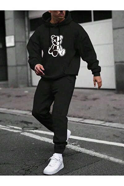 Boi Angry Bear Tracksuit Set - Black Printed Suit Jogger Sweatshirt Rubber Le...