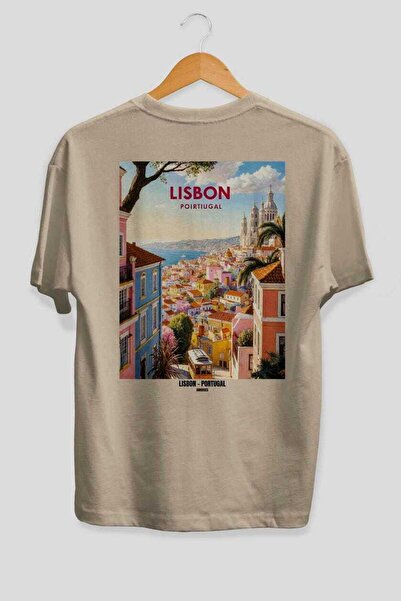 Ankhises Lisbon Portugal Beige Oversize Country City Back Printed Unisex T-Sh...