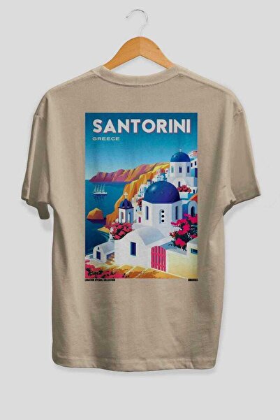 Ankhises Santorini Greece 3 Beige Oversize Country City Back Printed Unisex T...