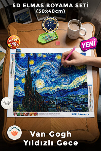 Haneliya Van Gogh Yıldızlı Gece - 5D Elmas Boyama Seti Mozaik Tablo Hobi Kiti...