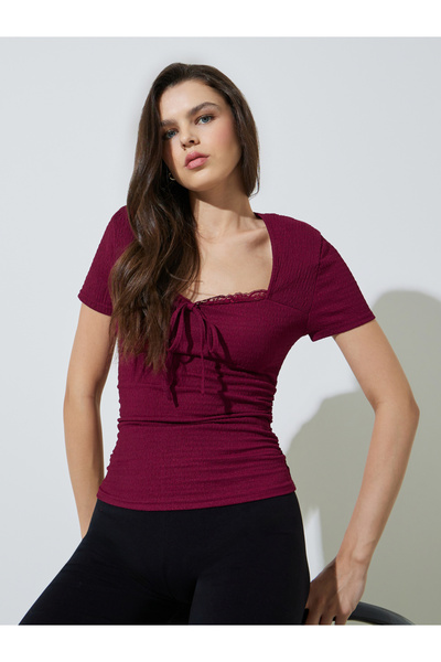 Take Two By Styli Burgundy Short Sleeve Shirred Tie-Front Top
