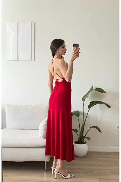 Zoom Butik Sırt Bağlamalı Derin Yırtmaç Elbise - KIRMIZI