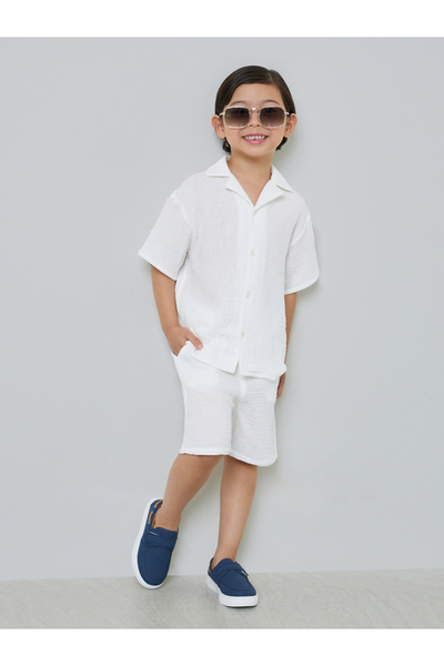 Take Two By Styli Boys White Cotton Collared Shirt And Shorts Set