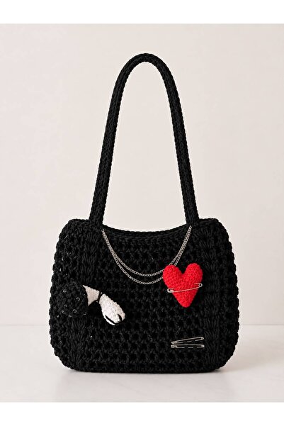 elemeğiürünler Black Knit Gothic Shoulder Bag Custom Design Bag
