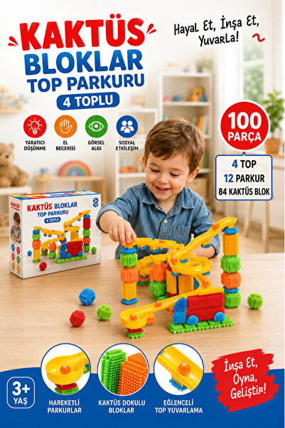 Oyuncak Fabrikası Kaktüs Bloklar Top Parkuru 100 Parça 4 Toplu STEM Eğitici Y...