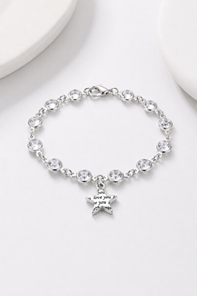 TREND COLLECTİON Women's Silver Stone Heart Charm Elegant Bracelet