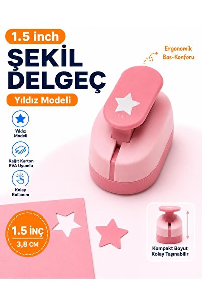 OFİSİNN Şekilli Büyük Boy Delgeç/Şekilgeç 3.8 cm Yıldız Pembe